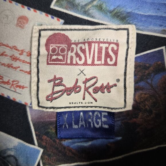 RSVLTS Bob Ross Shirt Sz XL Black Rayon Postcards Beach Short Sleeve Button Up - Picture 3 of 5